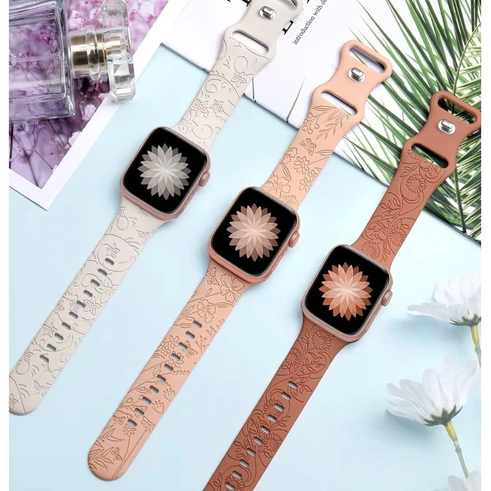 Floral Carved Silicone Watch Bands‎ for Apple Watch 38mm 40mm 41mm 42mm 44mm 45m